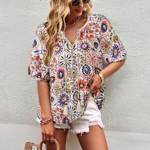 Boho Mosaic Floral Blouse L Puff Sleeve Tassel Tie Top